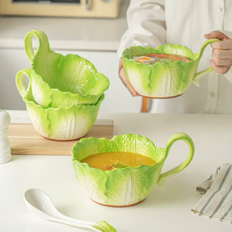 Große Keramikschüssel in kreativer Kohlblatt-Form – stilvoll & vielseitig für Suppe, Salat & Obst