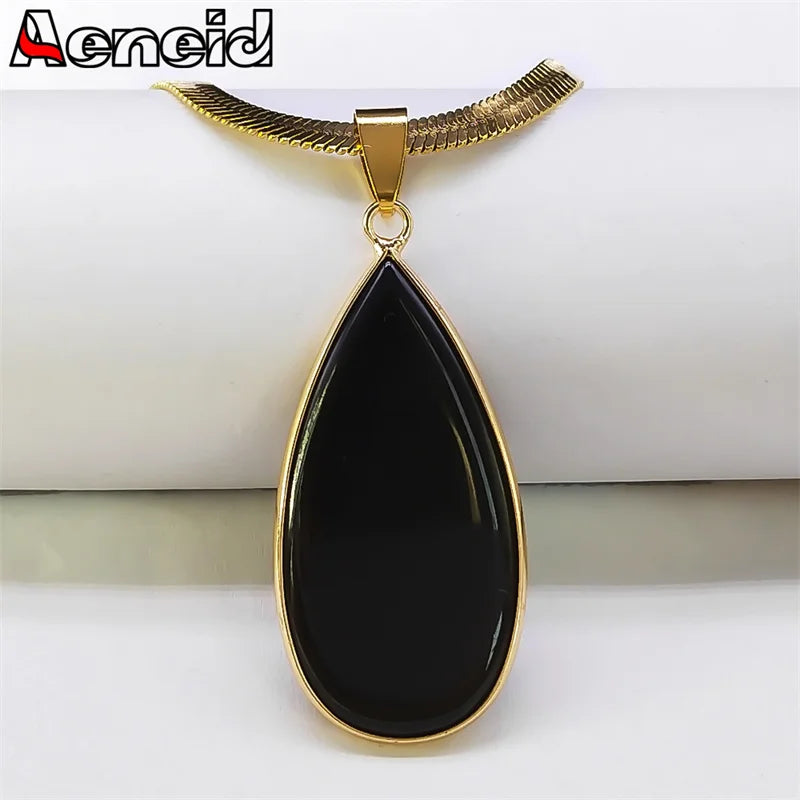 Kpop Schwarz Obsidian Wassertropfen Halskette Edelstahl Goldfarbe Damen