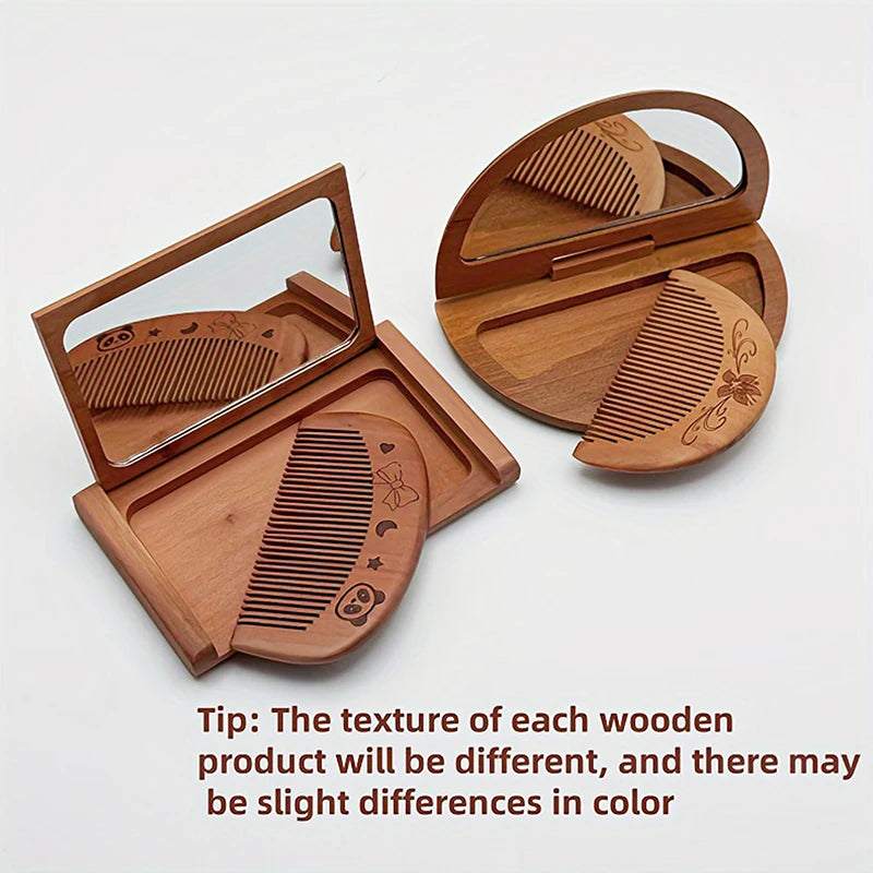 Vintage 2-in-1 Holz Kammspiegel Set für Damen Kompakt