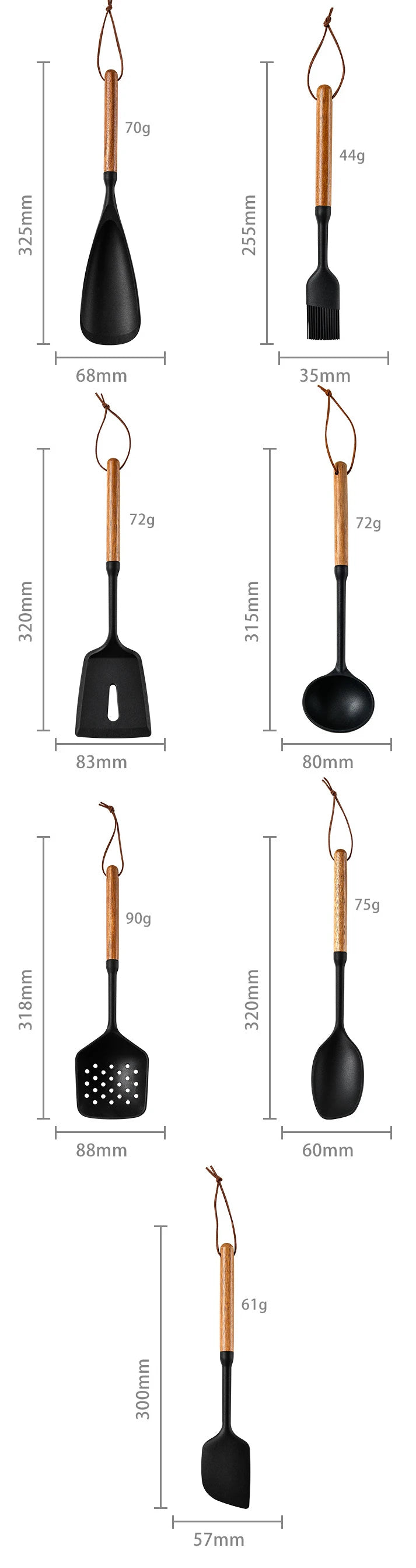 7 teiliges Silikon Kochwerkzeugset mit Holzgriff Schwarz für die Küche-Yabubest - Home & More