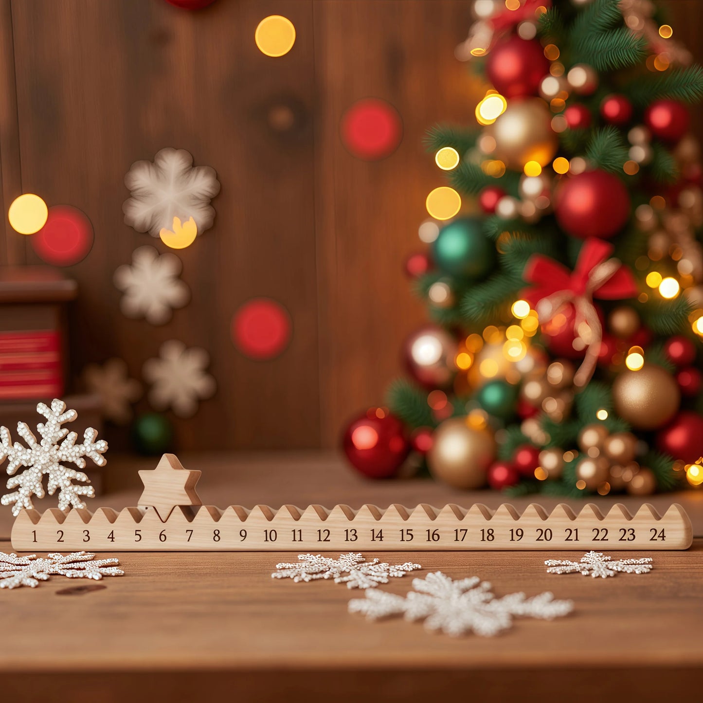 Weihnachts-Countdown-Kalender aus Holz mit Sternen für festliche Stimmung