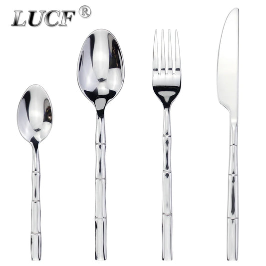 Stilvolles 4-in-1 Bambusform Besteckset aus robustem Edelstahl – langlebig - umweltfreundlich