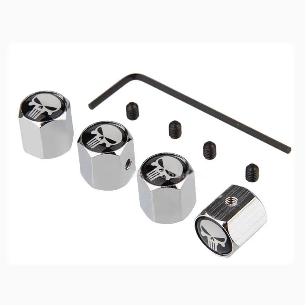 Aluminium Anti-Diebstahl Ventilkappen Schädel Design Staubschutz Set