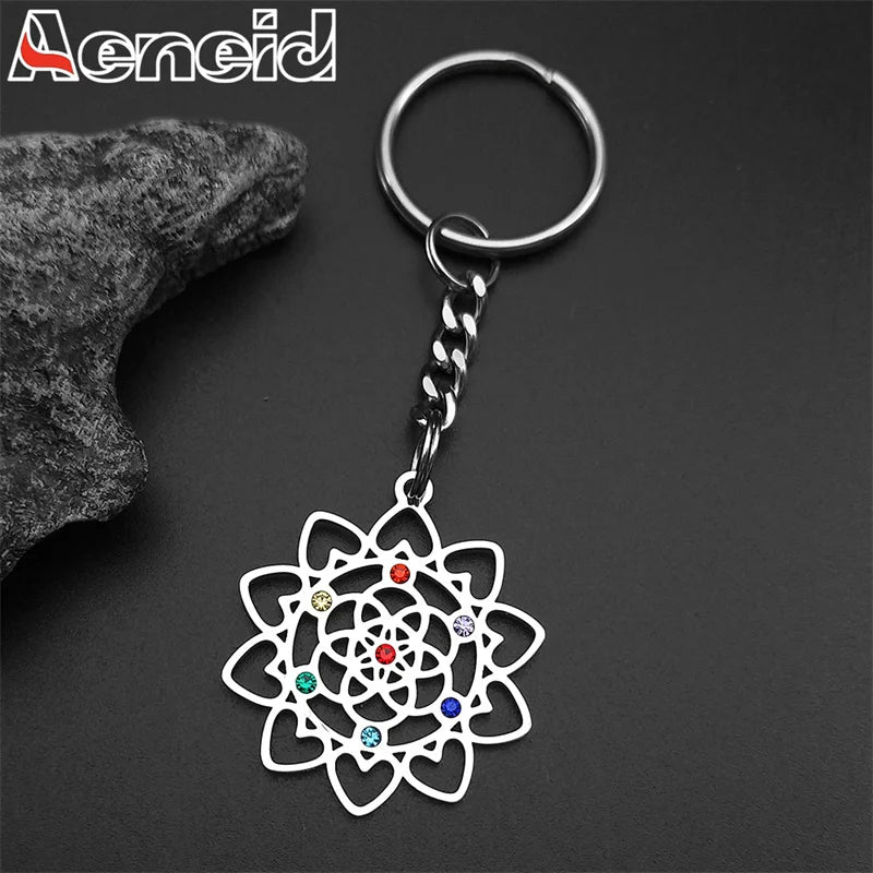 Edelstahl Schlüsselanhänger 7-Chakra Herz Blume des Lebens Schmuck