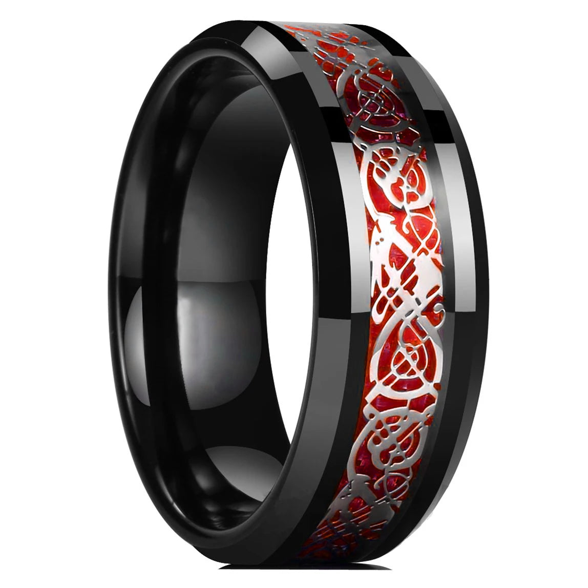 Eleganter Edelstahlring mit keltischem Drachen und Carbon Inlay