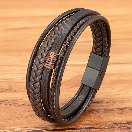 Luxus mehrschichtiges Lederarmband mit Edelstahl Magnetverschluss für Männer