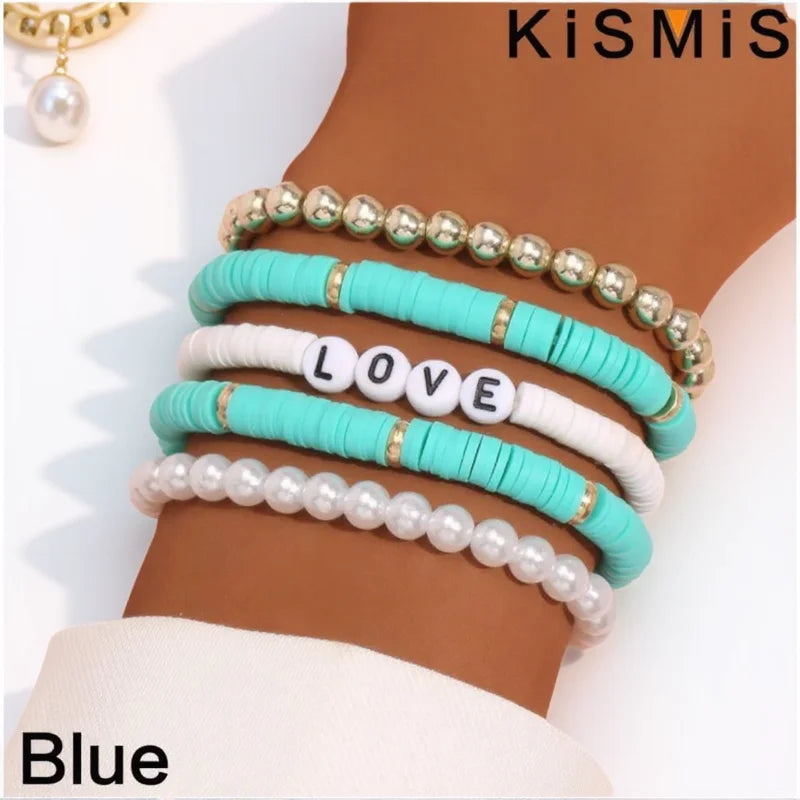 5er Set bunte Tonarmbänder für Damen elastisch weich im Boho Stil