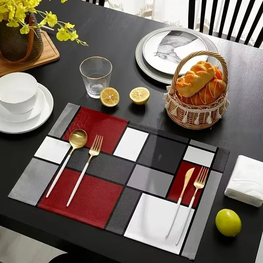 Moderne geometrische Tischsets aus Leinen in Rot Weiß Grau für Küche und Restaurant