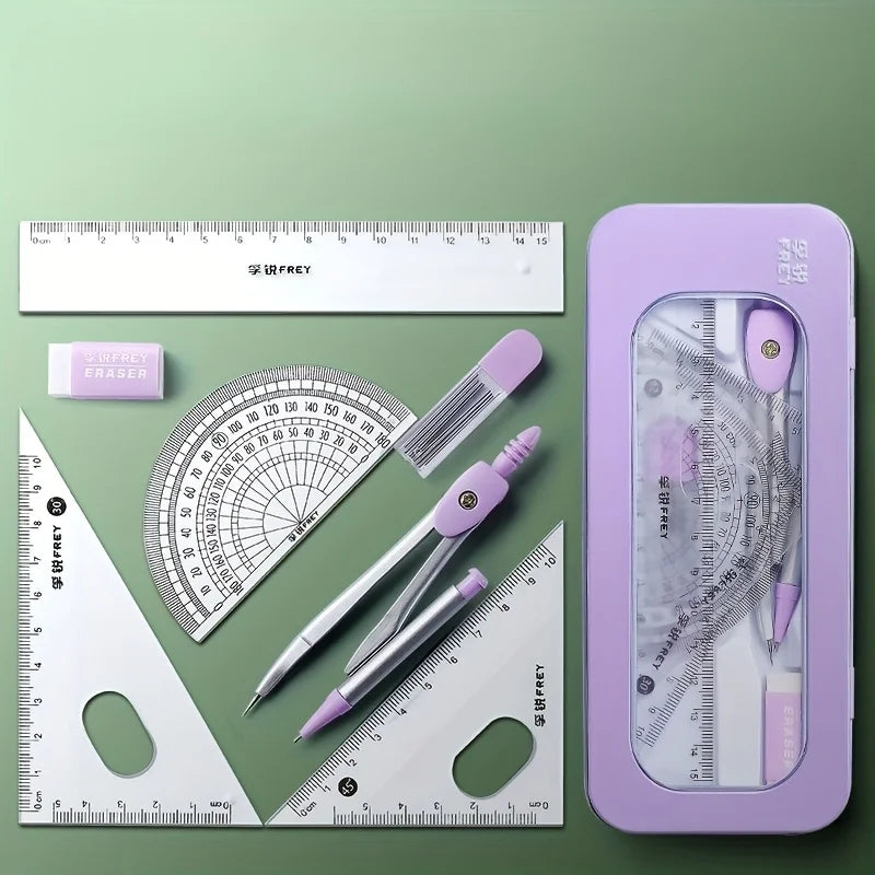 Schüler Geometrie Set 7-teilig: Kompass, Lineale, Winkelmesser für Prüfung