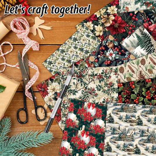 12 Stück Weihnachtsdekoratives Papier mit Holly, Beeren und Tannenzapfen