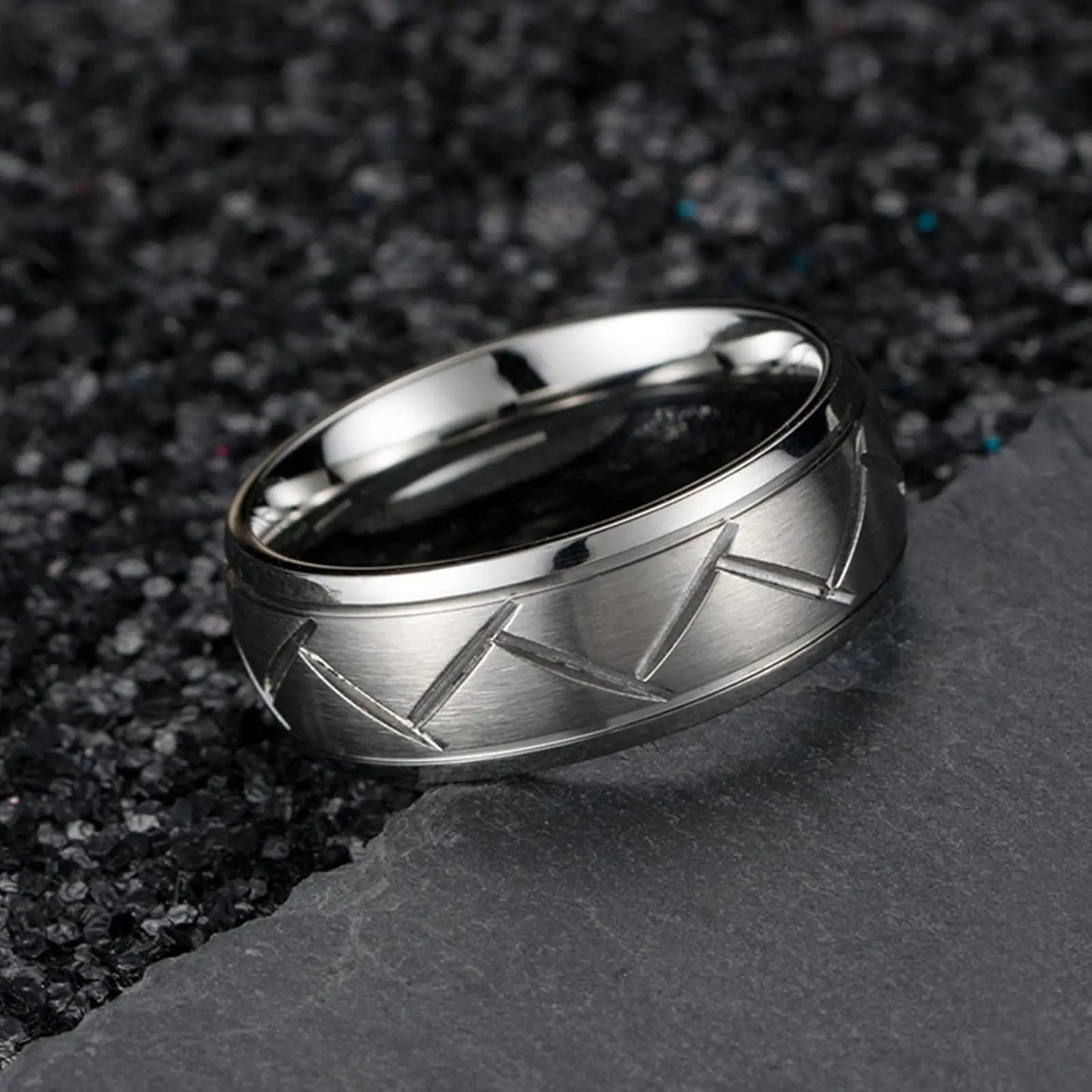 Fashio Männer Ringe Schwarz Titan Edelstahl Ringe Für Männer Frauen Ziegel Muster Finish Abgeschrägte Kante Hochzeit Ring Partei Schmuck