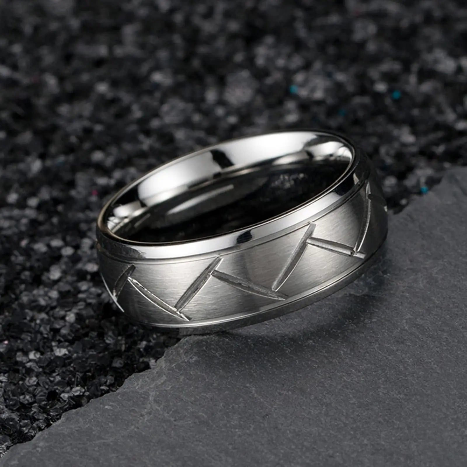 Fashio Männer Ringe Schwarz Titan Edelstahl Ringe Für Männer Frauen Ziegel Muster Finish Abgeschrägte Kante Hochzeit Ring Partei Schmuck