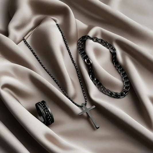 3-teiliges Herren Schmuckset mit Kreuz-Motiv aus Metall - Yabubest - Home & More