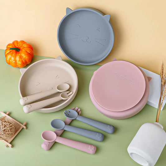Silikon Babyteller Set Katzenmotiv mit Löffel Gabel mikrowellenfest