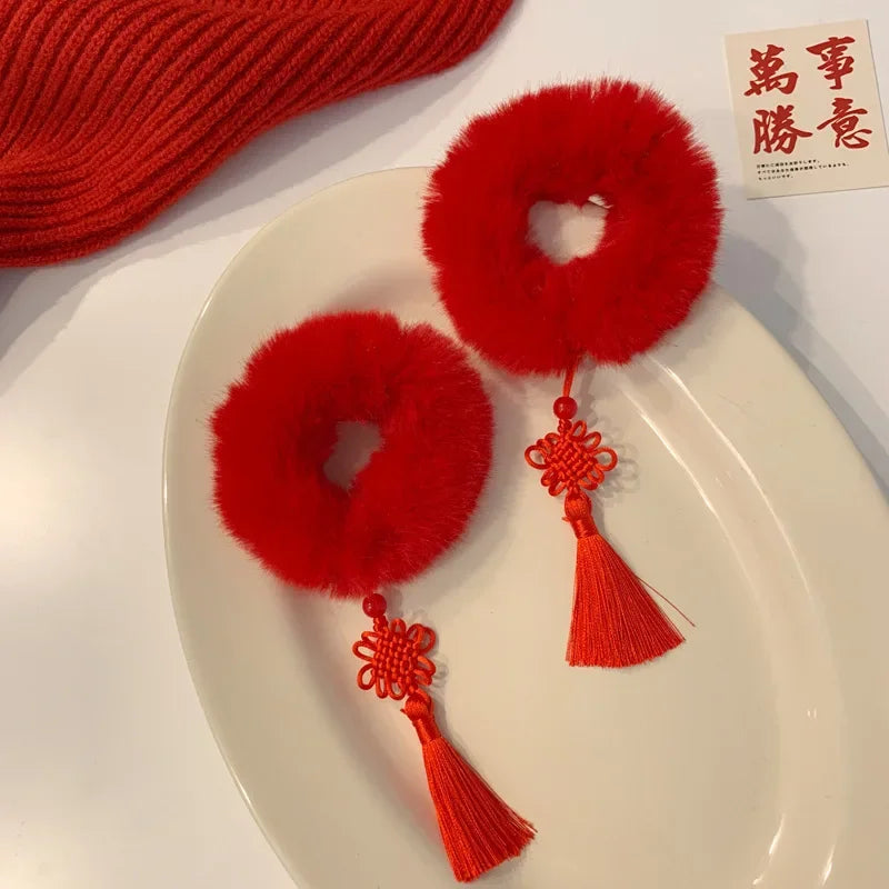 Traditionelle rote Quasten Haar Schlaufen – 2 Stück Polyester für Mädchen