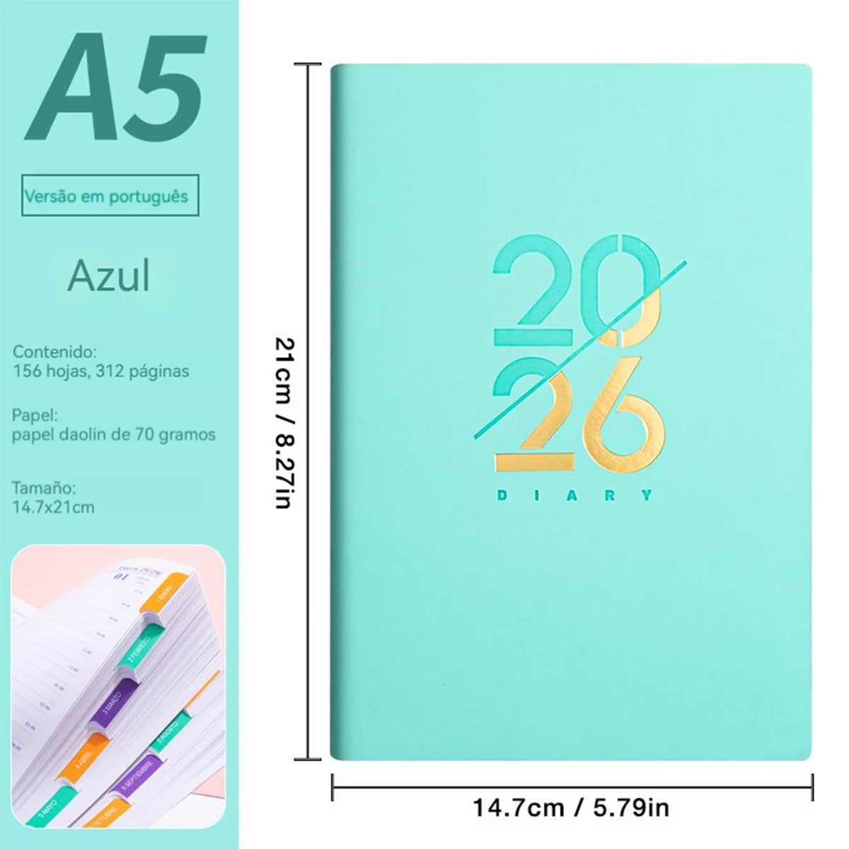 2026 Planer A5 PU-Ledereinband Spanisch Englisch wöchentlicher Monatsplaner