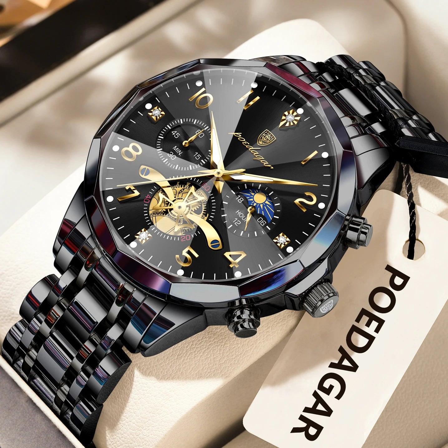 Wasserdichte Edelstahl Herrenuhr mit Chronograph und Leuchtfunktion-Yabubestshop