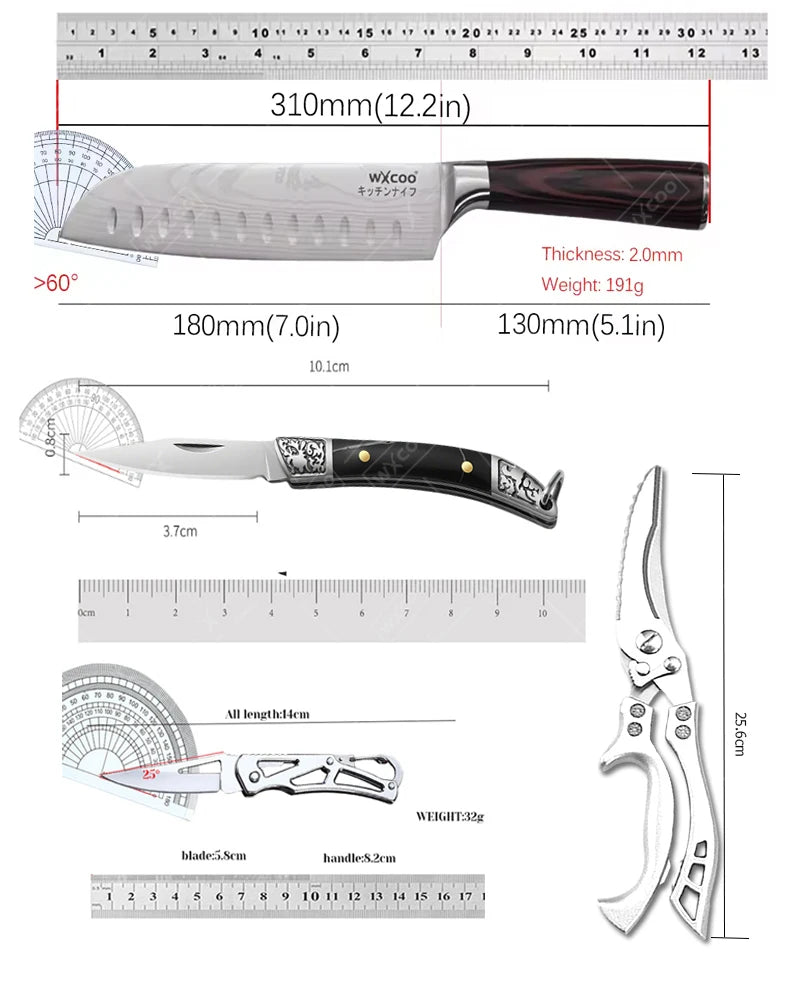 Edelstahl Santoku Küchenmesser Set mit Fischschere und scharfer Klinge