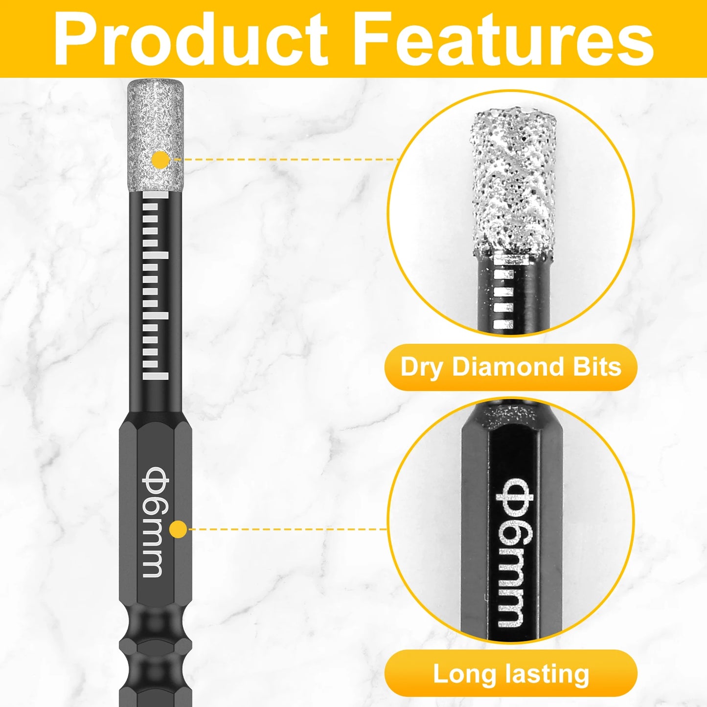 7-teiliges 6 mm Diamantbohrer Set trocken mit Schnellwechsel-Sechskantschaft