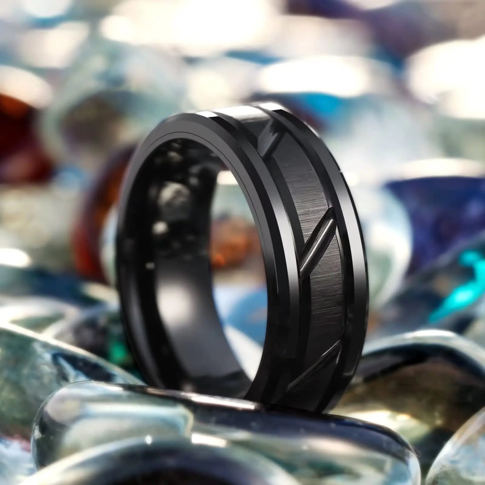 Fashio Männer Ringe Schwarz Titan Edelstahl Ringe Für Männer Frauen Ziegel Muster Finish Abgeschrägte Kante Hochzeit Ring Partei Schmuck