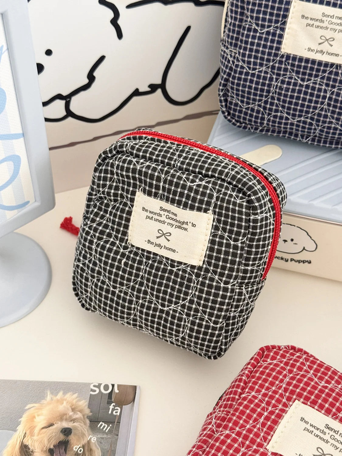 Gesteppte herzförmige karierte Damen Kosmetiktasche große Kapazität