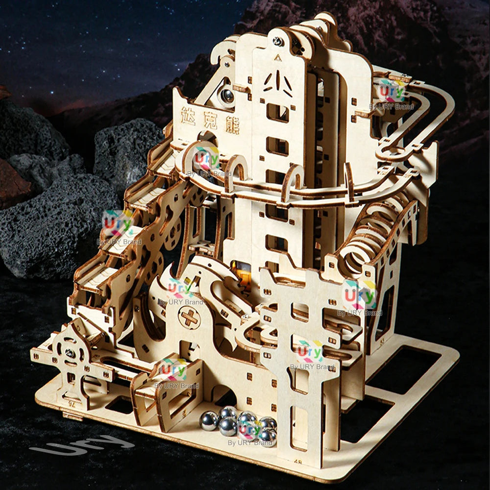 3D Holzpuzzle mit Marmor Laufset und mechanischem Katapult