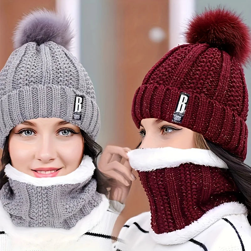 2er Set warme Winter Strickmützen mit Plüsch für Damen
