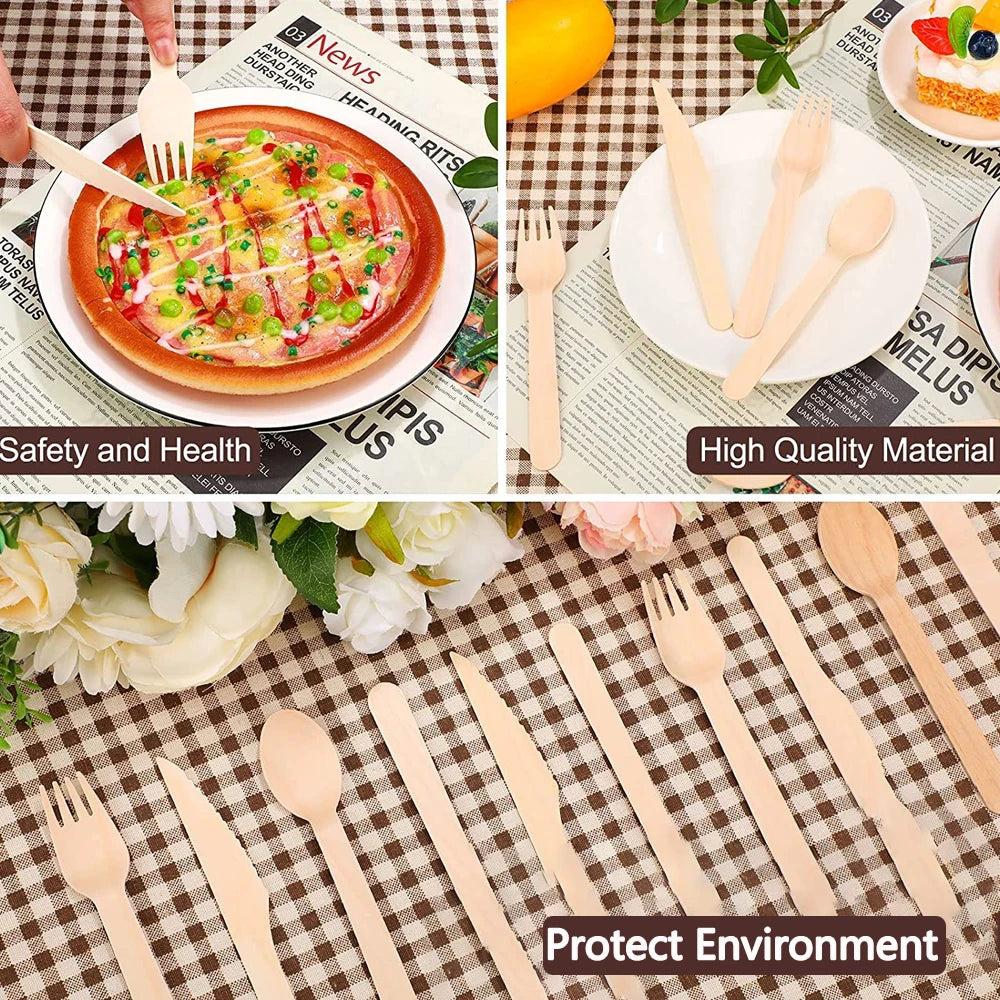 Einweg-Holzbesteck 16 cm 10/150/500 Stück Gabel Löffel Messer Set