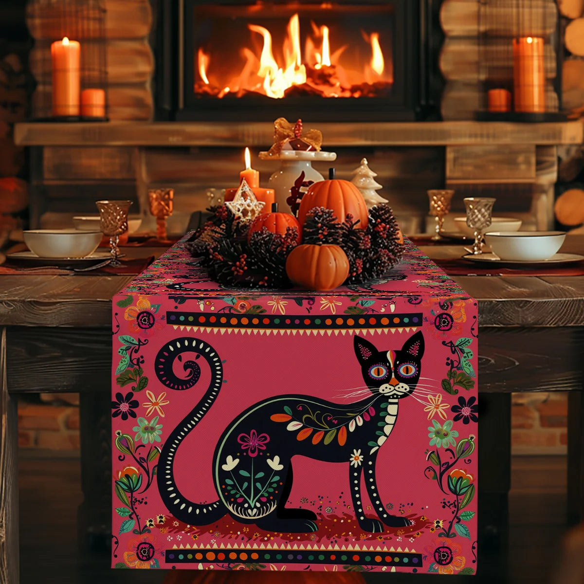 Böhmischer Tischläufer Katzen Blumen Langlebig Küche Esszimmer Party Deko