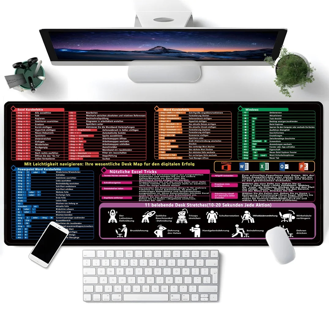 Mauspad mit Spickzettel für Office Software – Excel, Word, Windows, PPT Übersicht