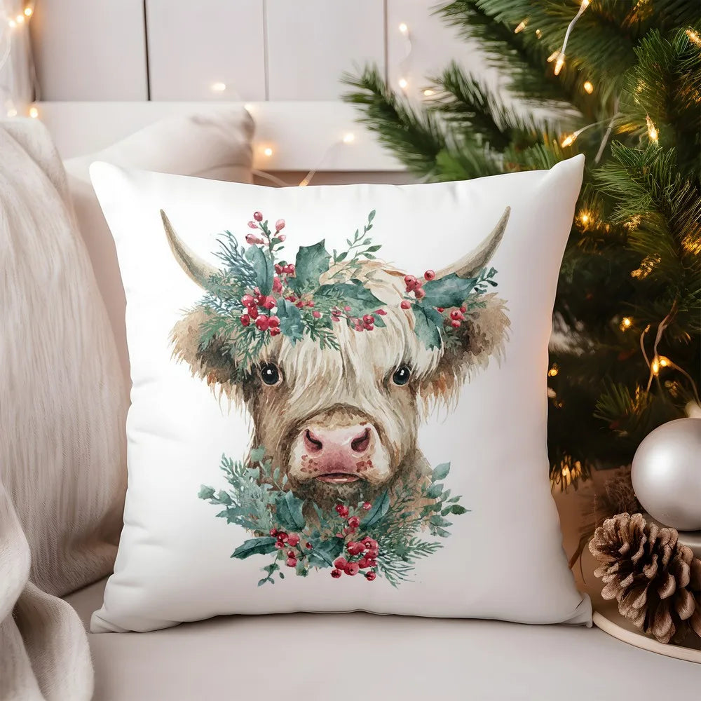 Gemütlicher Kissenbezug mit Highland Kuh und Holly Muster