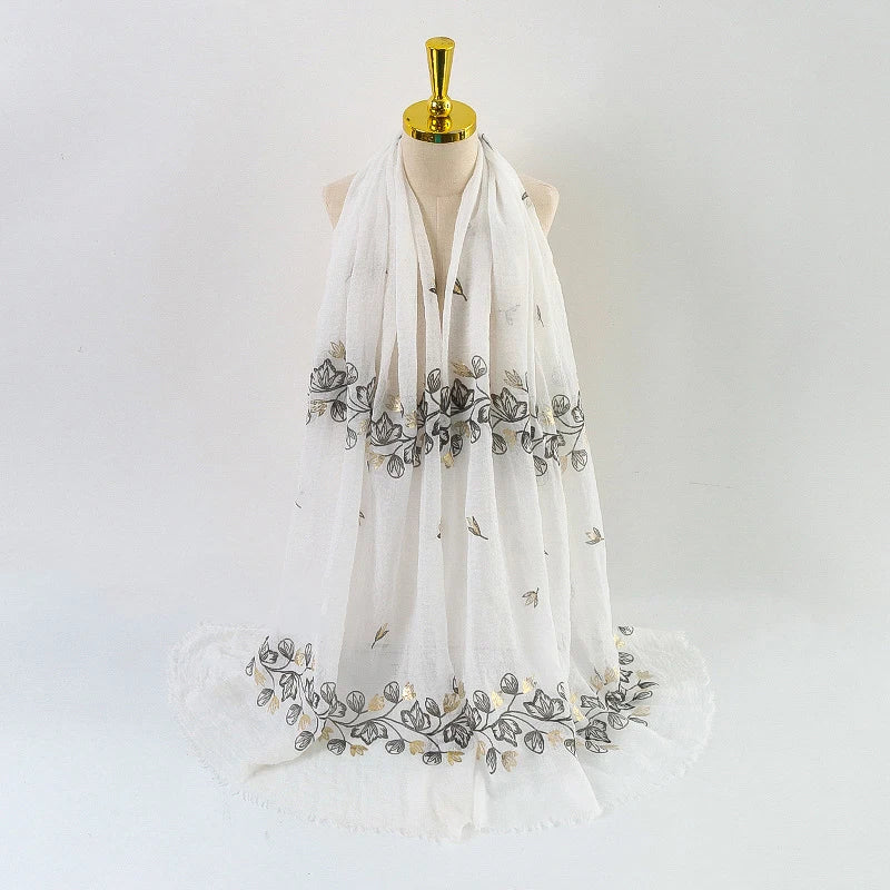 Damen Baumwoll-Leinen Schal Gold Bedruckt Quadratisch Kleine Blumenmuster