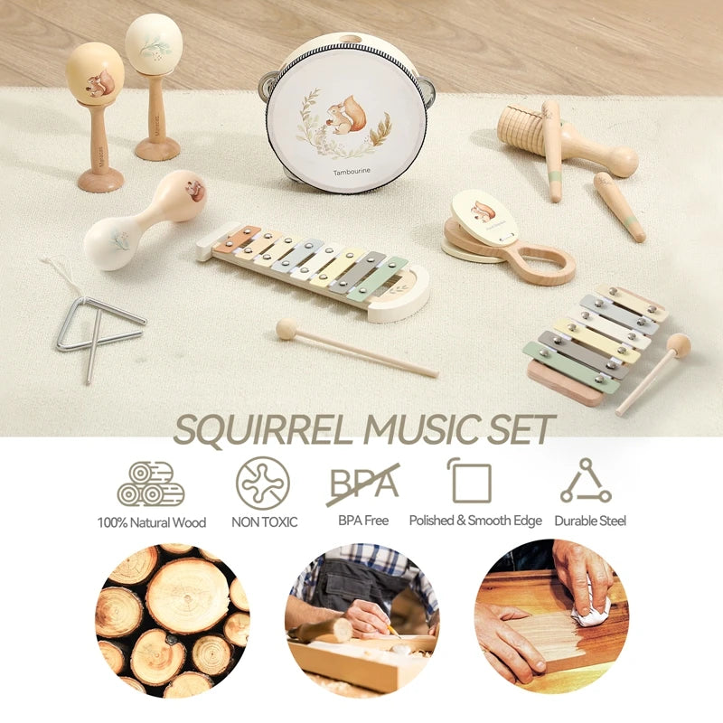 Montessori Holz Musikinstrumente für Babys Lernspielzeug Xylophon Rassel Trommel