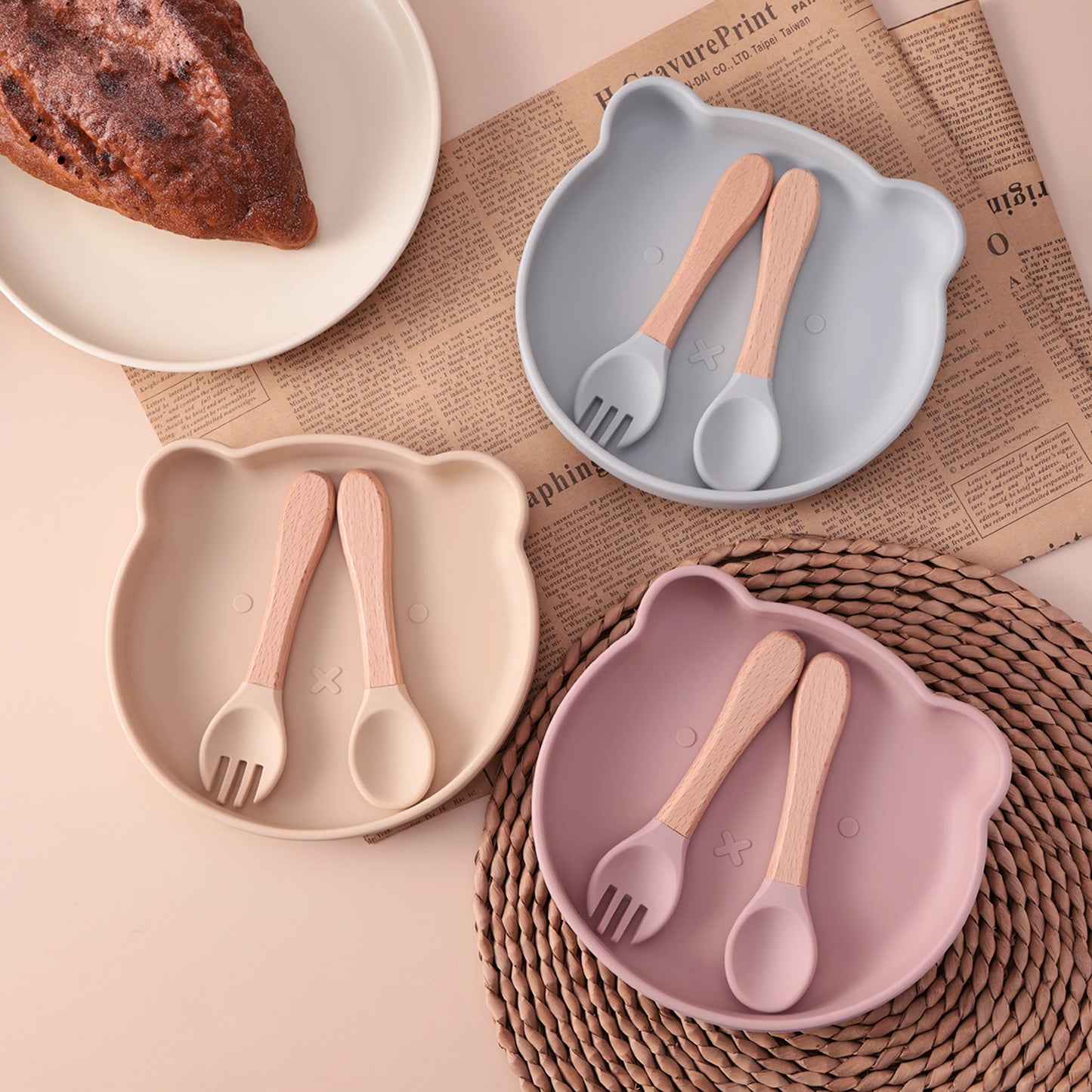 3-teiliges Kinder Fütterungsset Silikon Schüssel Löffel Gabel BPA frei