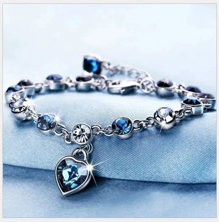 Silberfarbenes Damen Armband mit Blauem Kristall Herz Charme für Hochzeit