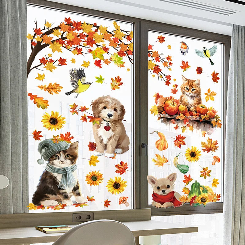 9teiliges Herbst Deko Set Fensteraufkleber Kürbis Ahornblatt Katzen Hunde