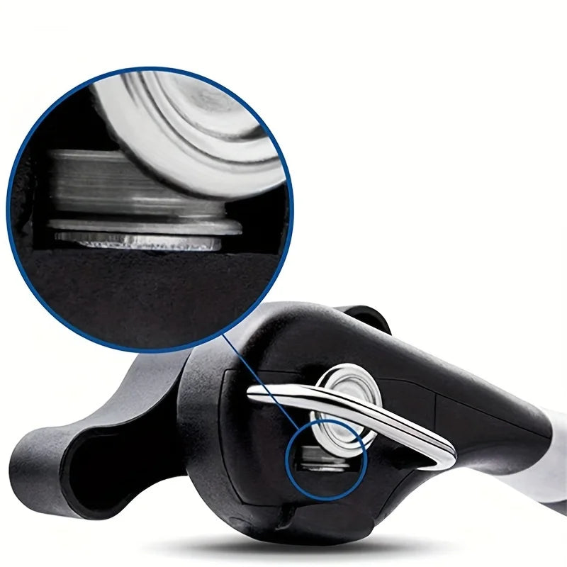 Handbetätigter Dosenöffner aus Kunststoff mit seitlich geschnittenem Griff