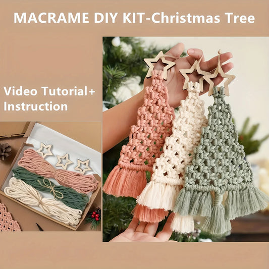 3-teiliges Makramee-Weihnachtsbaum DIY-Set in Smaragd, Creme und Rosa