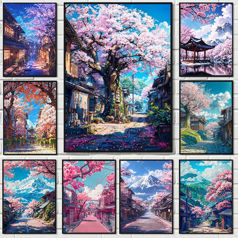 Japanisches Kirschblüten-Dorf Leinwanddruck mit Mount Fuji Wandkunst-Yabubest - Home & More