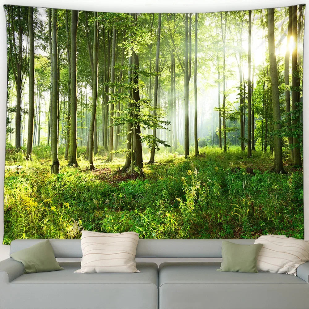 Ländliche Landschafts Tapisserie mit Wald und Wasserfall Motiv