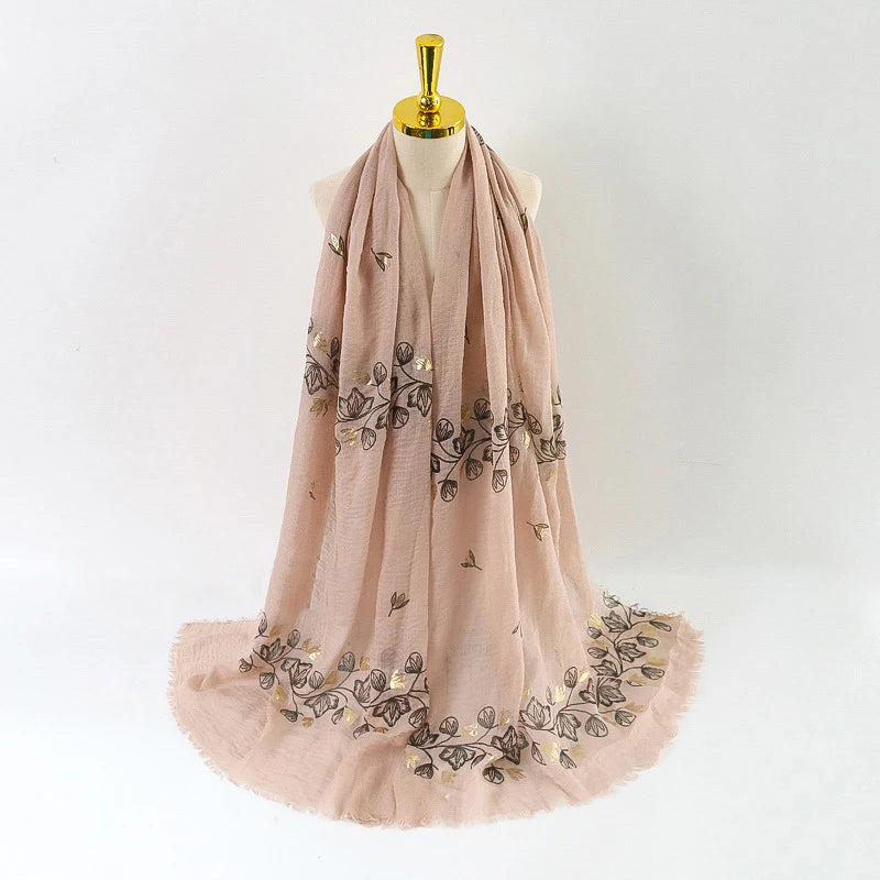 Damen Baumwoll-Leinen Schal Gold Bedruckt Quadratisch Kleine Blumenmuster