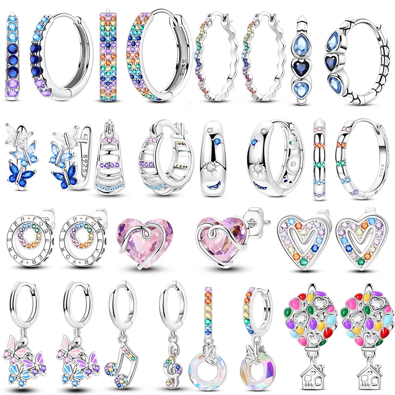 925er Sterlingsilber Creolen mit bunten Zirkon Blumen und Sternen Damenohrringe