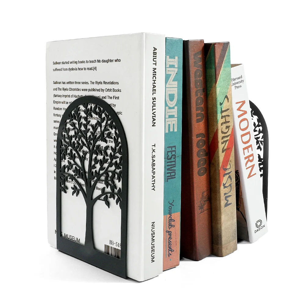 2 Stück Baum des Lebens Buchstützen schwarz für Schreibtisch und Büro