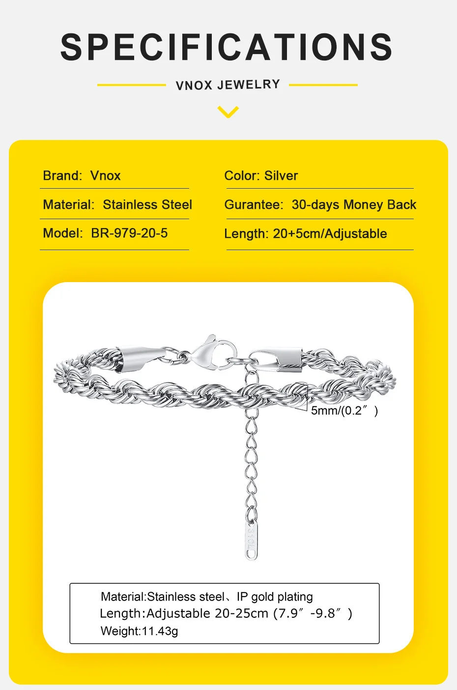 Verstellbares Edelstahl Kettenarmband mit gedrehter Seilstruktur - Yabubest - Home & More