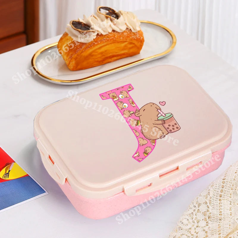 Niedliche Capybara Lunchbox mit A-Z Buchstaben, Single Layer Bento Box