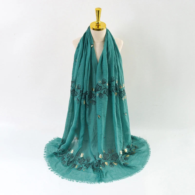 Damen Baumwoll-Leinen Schal Gold Bedruckt Quadratisch Kleine Blumenmuster