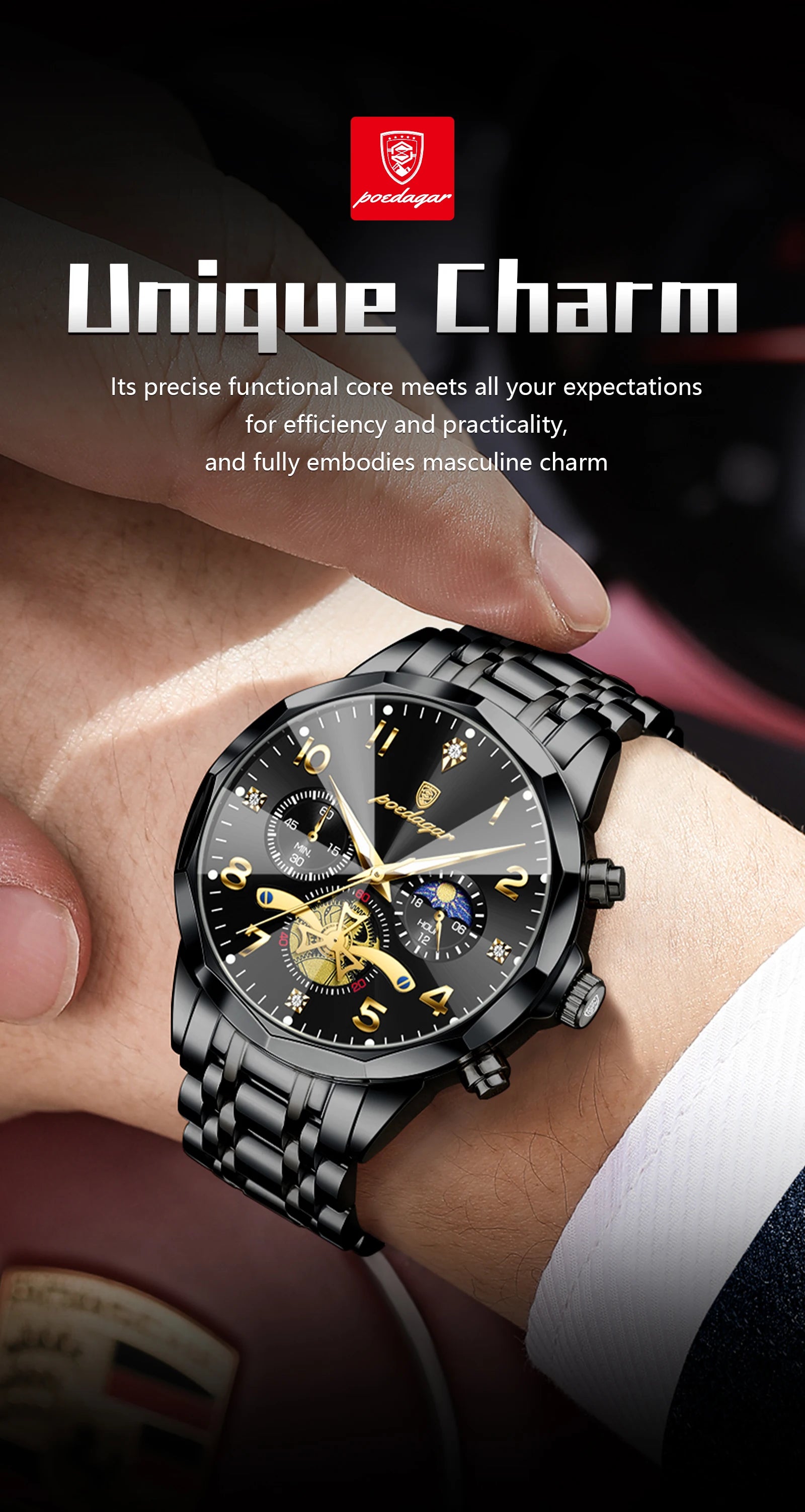 Wasserdichte Edelstahl Herrenuhr mit Chronograph und Leuchtfunktion-Yabubestshop