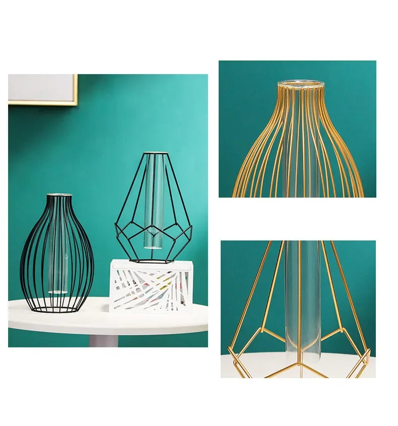 Nordische Goldene Glasvase mit Metallhalter für moderne Wohnkultur