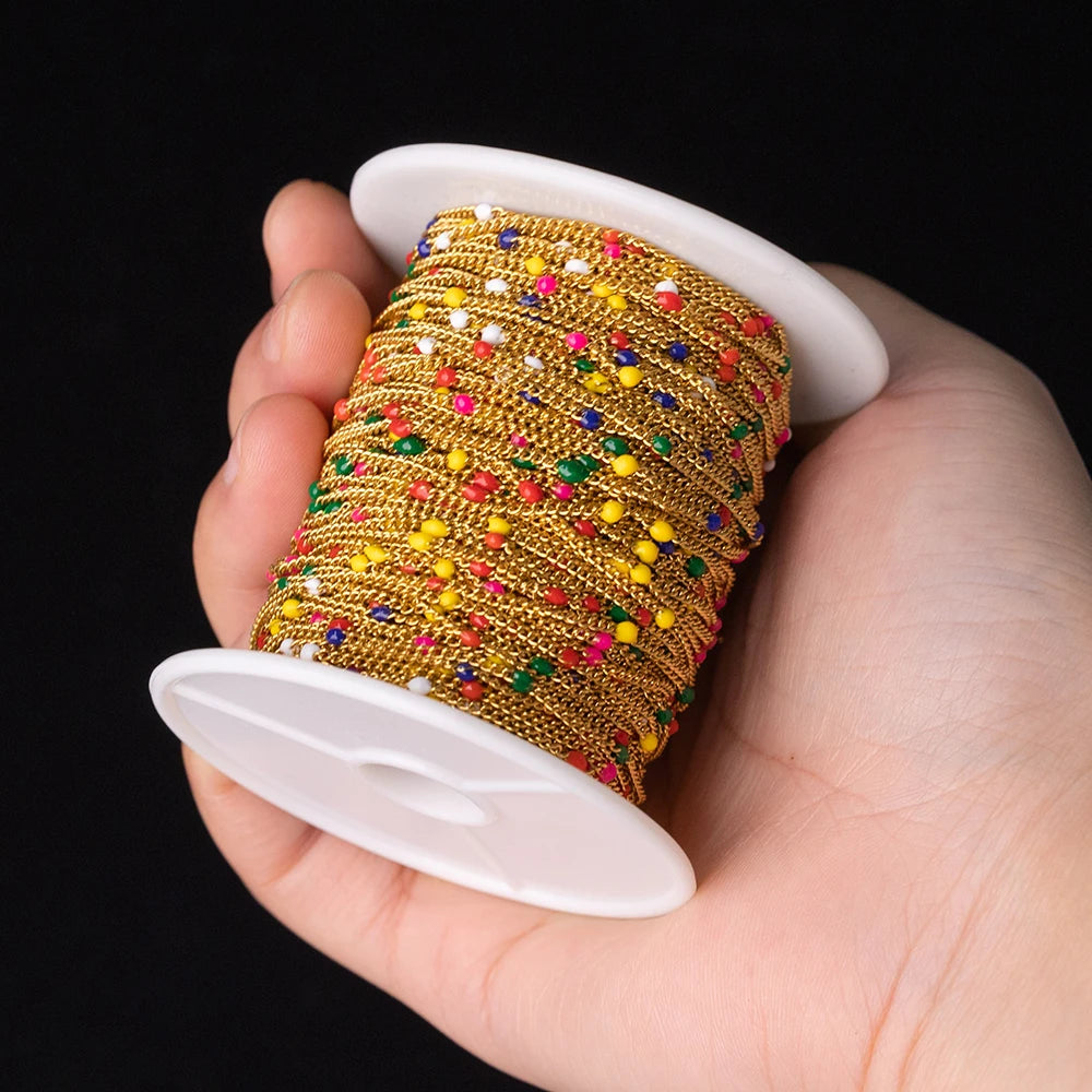 1 Meter Edelstahl Gliederkette mit bunten Emaille Kugeln für Schmuck DIY