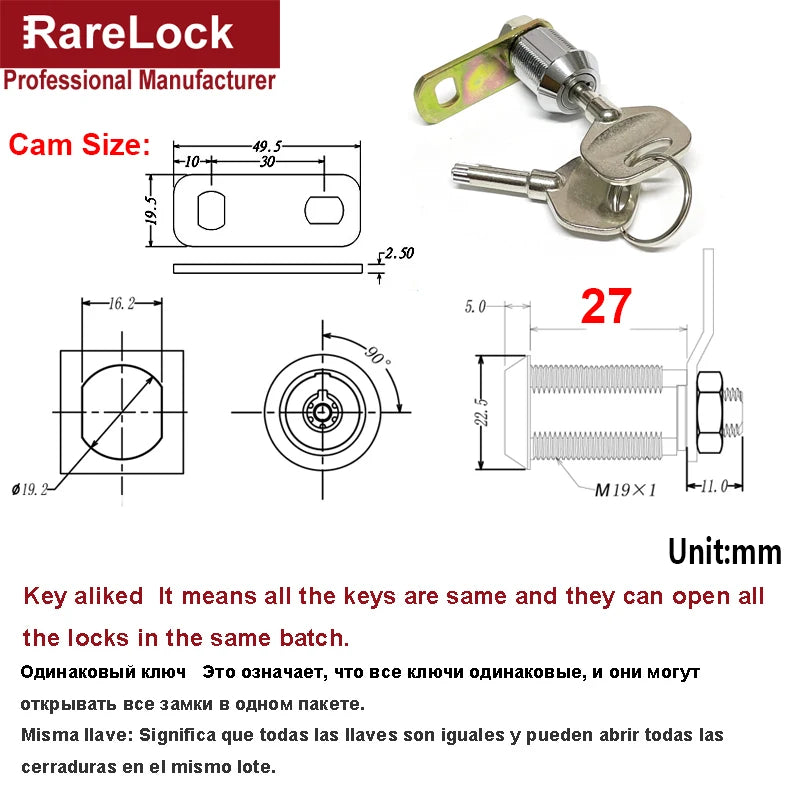 Sicheres Nockenschloss für Schränke und Geldkassen mit 2 Schlüsseln